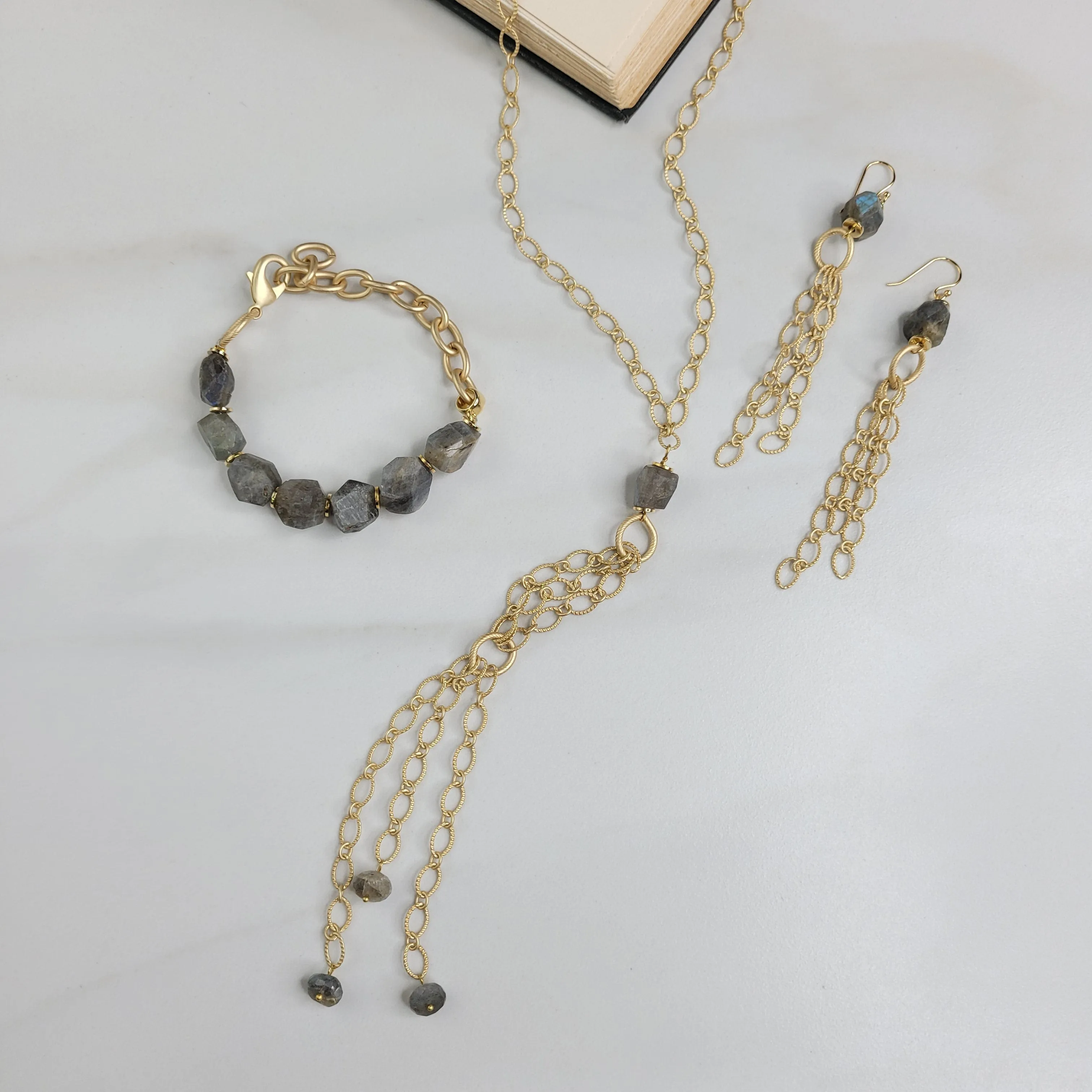 Avonlea Earrings Handmade Cascade of Gold Plated Chain and Labradorite Stone