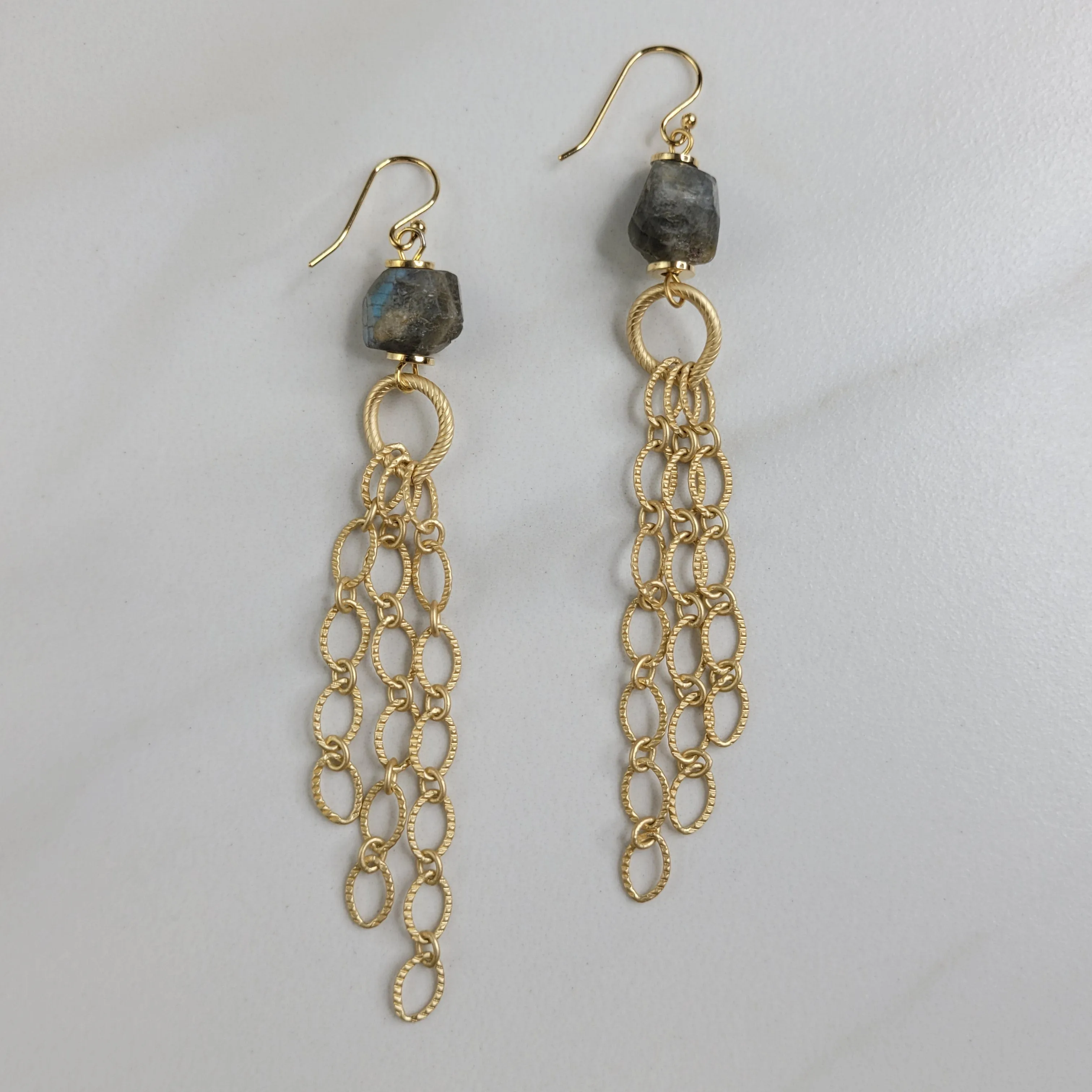 Avonlea Earrings Handmade Cascade of Gold Plated Chain and Labradorite Stone