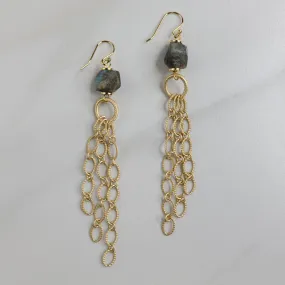 Avonlea Earrings Handmade Cascade of Gold Plated Chain and Labradorite Stone