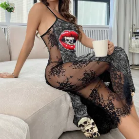 Lip Skulls Rose Art Women's Lace Cami Sleepwear